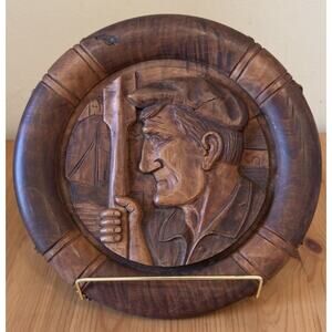 VTG Carved European Old Man Fisherman & Woman W/Fish Round Wall Plaques Set Of 2